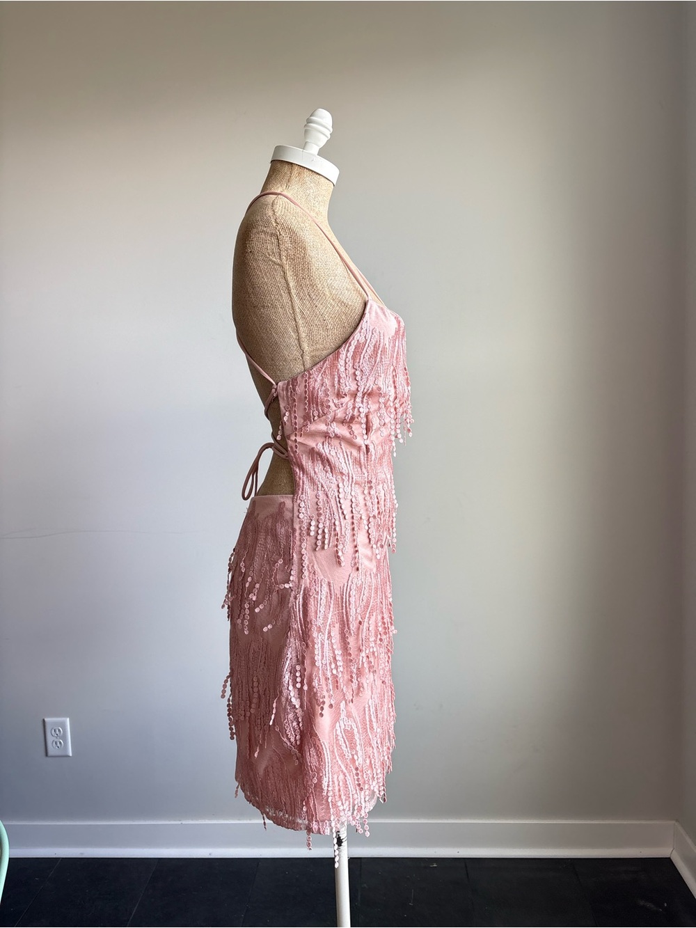 Lulus Making Magic Blush Pink Fringe Lace-Up Mini Dress LARGE - Picture 8 of 10